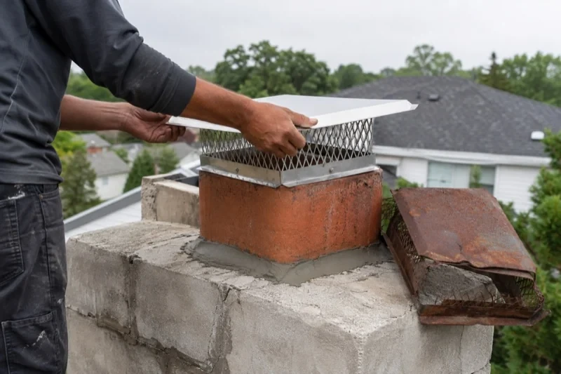 Hands holding a silver mesh chimney cap above a clay flue beside a rusted cap
