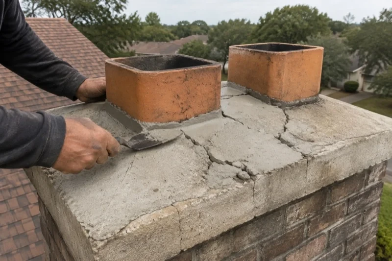 Hand holding a trowel beside cracks in a chimney crown surrounding two clay flues