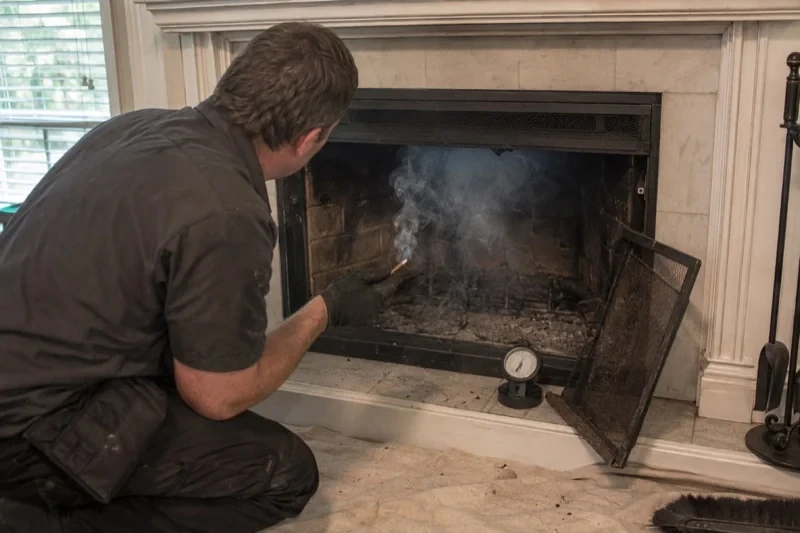 Person holding a smoking stick inside a fireplace, with a round dial instrument on the hearth and a mesh screen leaning beside the opening.