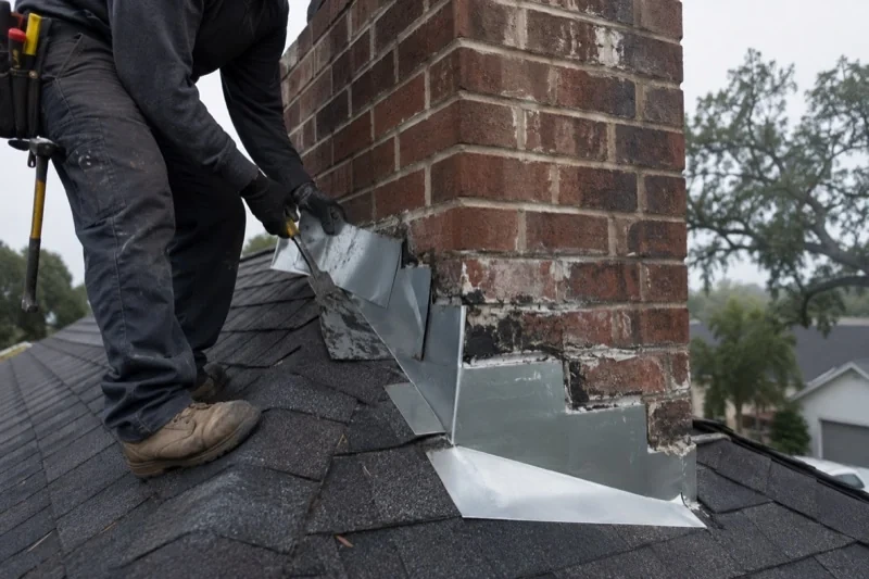 Person working with a hand tool beside stepped metal flashing at the base of a brick chimney on a shingled roof.