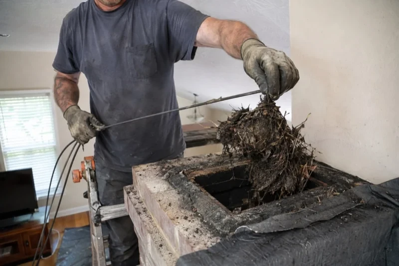 Person lifting a clump of twigs and debris from a rectangular masonry opening indoors