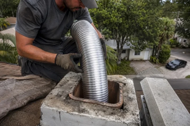 Person holding a flexible metal liner at the top of a rooftop chimney