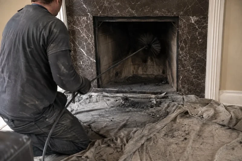 Person guiding a round brush on a long rod into a fireplace, with dark debris on a drop cloth across the hearth.