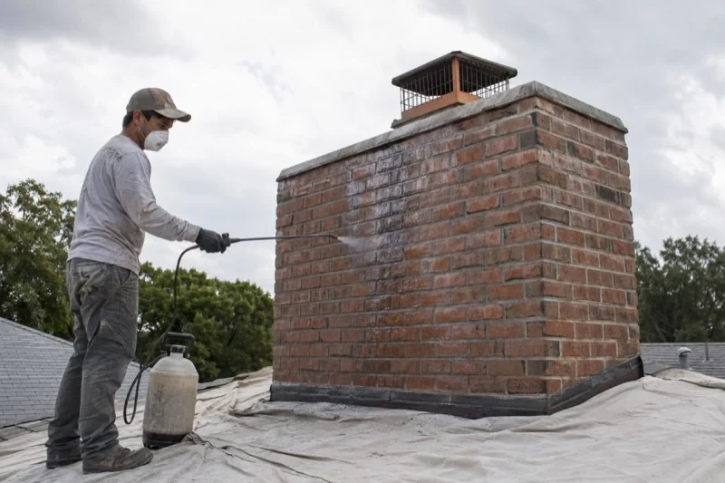 Person using a pump-sprayer wand against a brick chimney above protective roof sheeting.