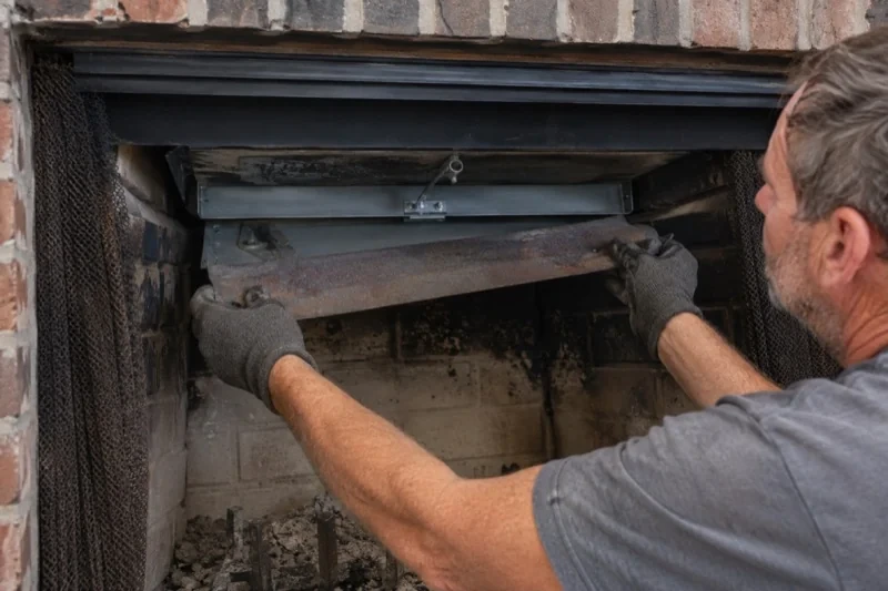 Gloved person holding a wide metal plate inside a brick fireplace opening