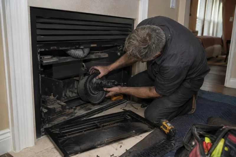 Person holding a round blower assembly at an open fireplace cabinet, with removed front panels and tools on the floor.