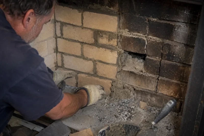 Person beside a brick fireplace wall with an open cavity and rubble on the hearth