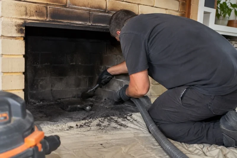 Person using a brush and hose inside a soot-darkened brick fireplace