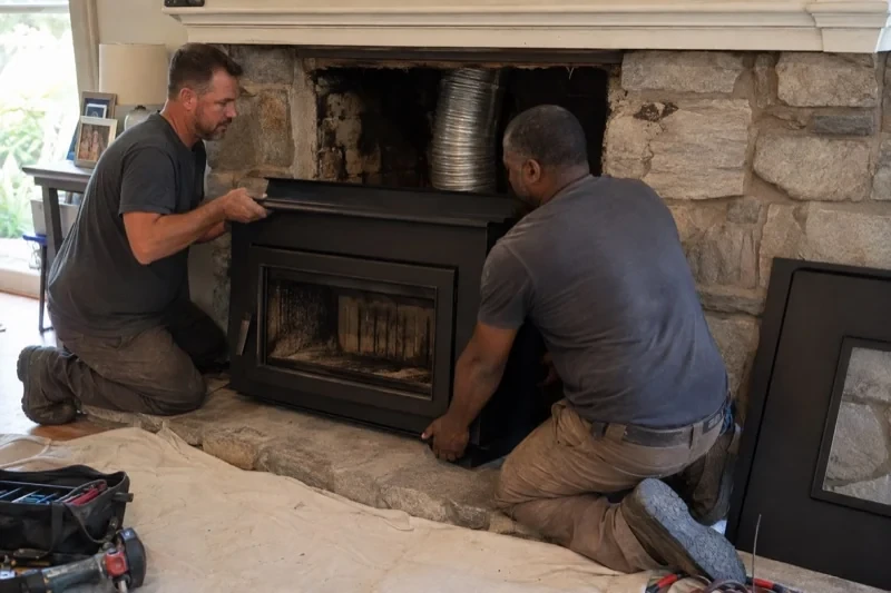 Two people holding a black fireplace insert in front of a stone hearth and exposed metal liner