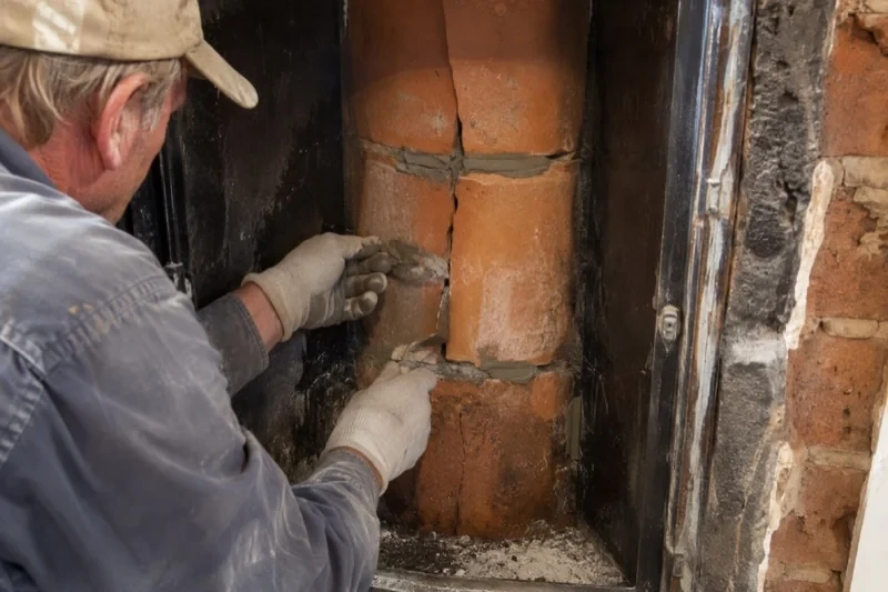 Gloved person holding small tools beside cracked orange clay sections inside a masonry opening