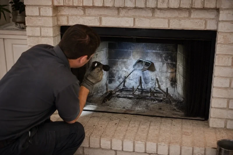 Person shining a flashlight into a brick fireplace containing a metal grate and a mirror on a long handle.