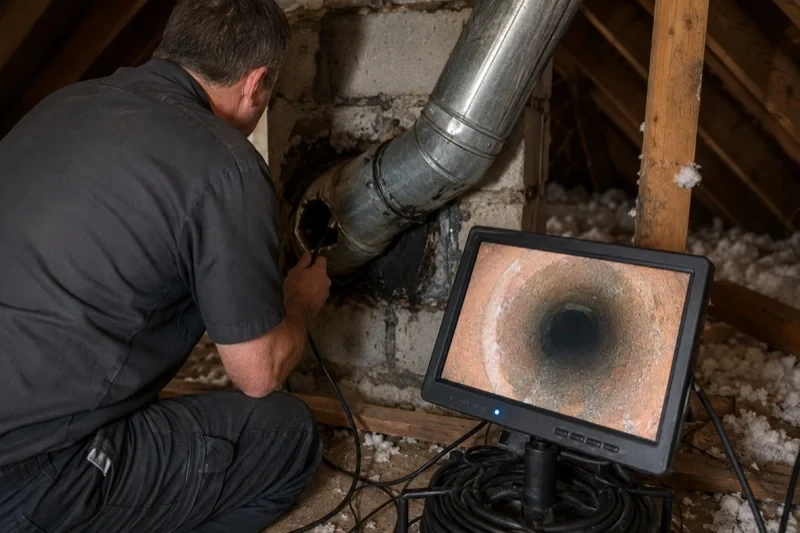 Person beside a metal flue connection and a monitor showing the inside of a passage
