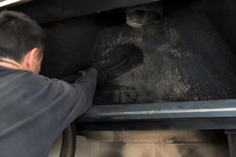 Person holding a round brush against a dark sloping surface above a fireplace opening