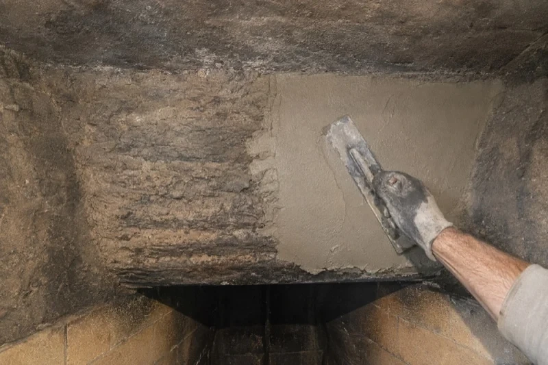 Gloved hand smoothing a grey coating onto a rough surface above a fireplace opening